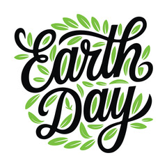 Happy Earth Day hand lettering logo decorated by leaves.