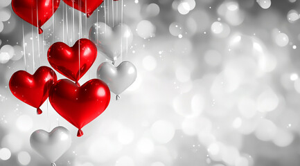 Happy Valentine's Day background with red hearts hanging on a silver bokeh light grey background,