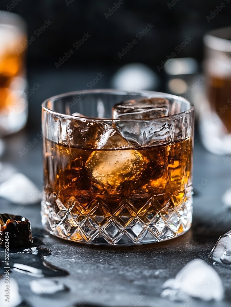 Poster whiskey glass filled with ice and dark golden liquid set against a blurred background creating a coz