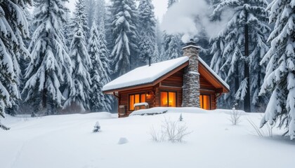 Cozy Snow-Covered Cabin in a Winter Wonderland Forest