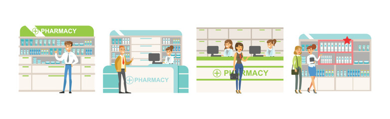 People Character at Pharmacy Store Choosing And Buying Drugs Vector Set