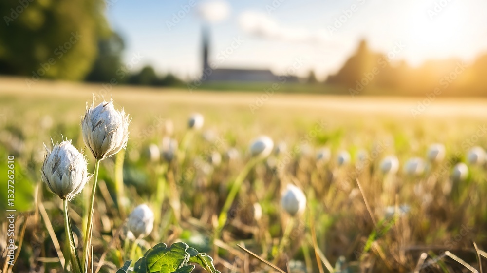 Poster closeup of dewy wildflower buds on a sunlit field during a warm sunset creating tranquil nature vibe