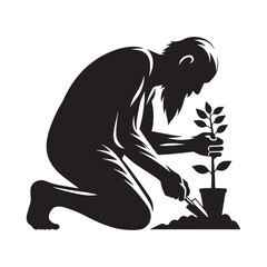 Gentle Old Man Gardening silhouette, caring for his plants like family - Old Man illustration - Minimalist Old Man vector - Elderly cultivator
