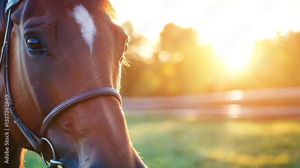 Poster beautiful horse closeup captured during golden hour in a rural setting : generative ai