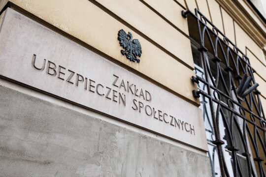 Warsaw, Poland &ndash; February 16, 2025: Close-up view of the Zakład Ubezpieczeń Społecznych (ZUS) building, Poland's Social Insurance Institution
