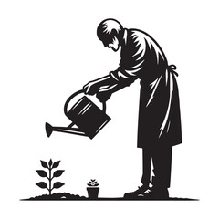 Diligent Old Man Gardening silhouette, nurturing life with care - Old Man illustration - Minimalist Old Man vector - Senior gardener
