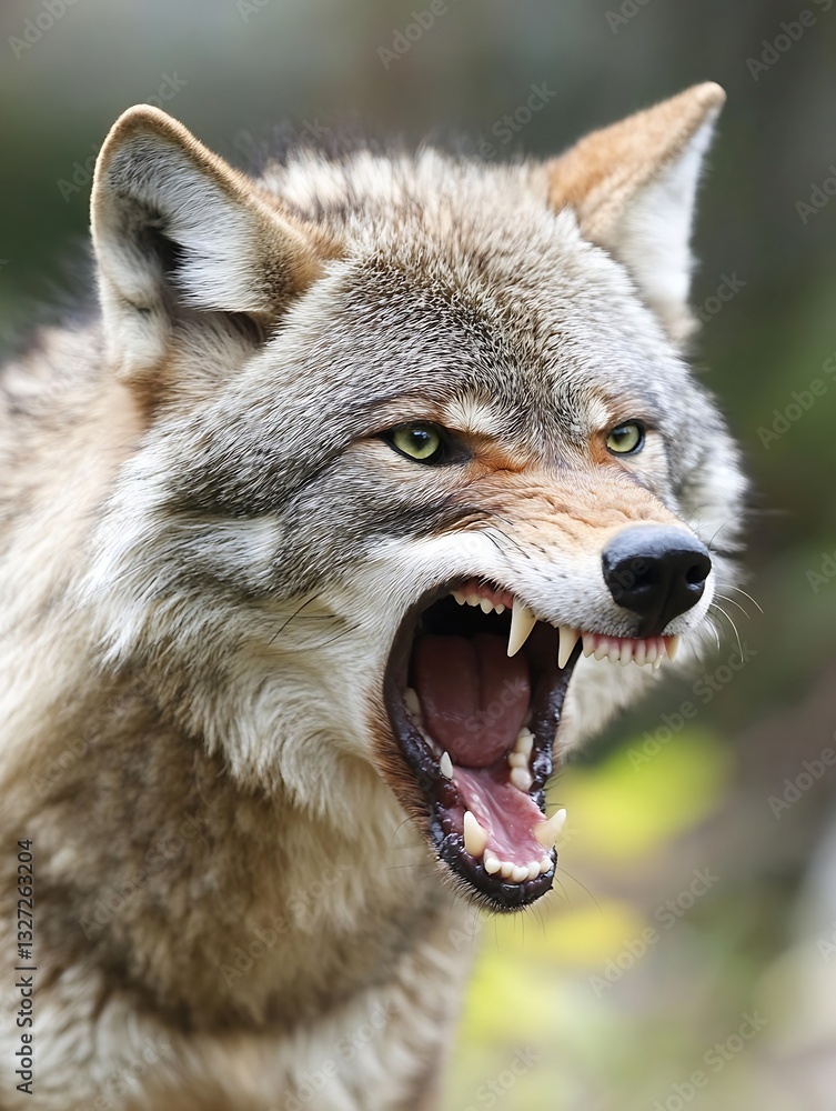 Poster Intense Wolf Howling Aggressively with Bared Teeth under Natural Light in Lush Green Environment : Generative AI