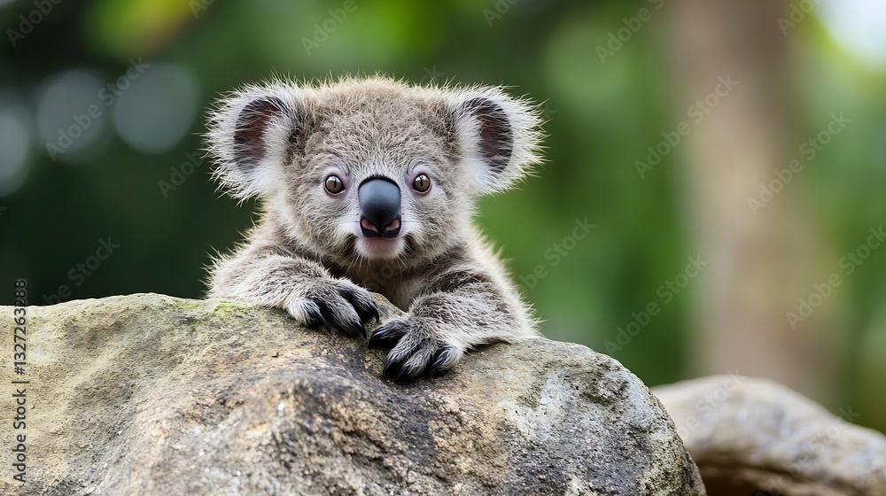 Poster Cute koala resting on a rock with a playful expression in a natural habitat surrounded by greenery : Generative AI