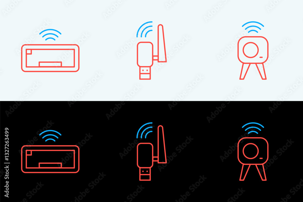 Poster set line web camera, computer keyboard and usb wireless adapter icon. vector