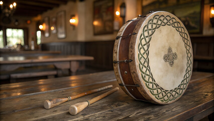 Naklejka premium Traditional Irish Bodhrán Drum with Celtic Knot Design, Wooden Percussion Instrument on Rustic Table in Cozy Pub