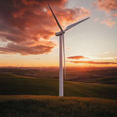 Obraz premium Wind Turbine at Sunset in Scenic Landscape