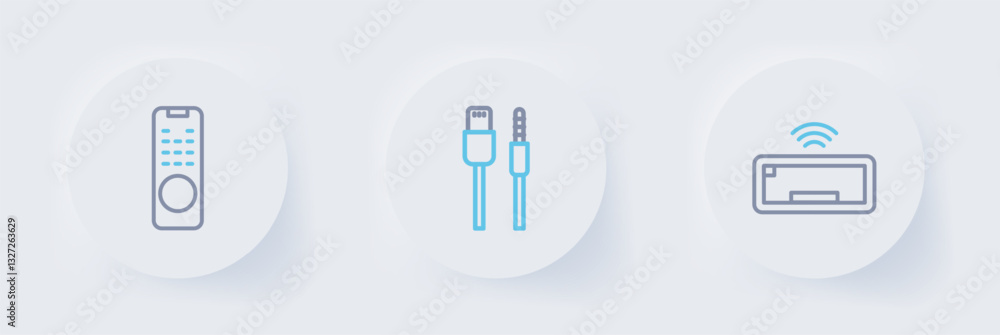 Poster set line computer keyboard, usb cable cord and remote control icon. vector