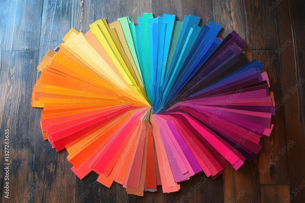 Poster vibrant color palette fan displayed on dark wood surface a spectrum of hues arranged in a circular p