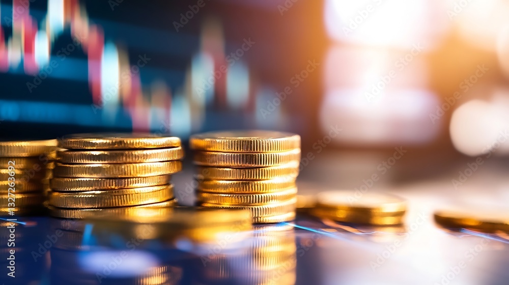 Poster closeup of shining gold coins stacked on a graph background representing financial growth and invest