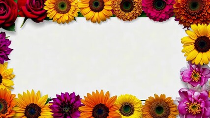 A bright floral frame with red roses, yellow sunflowers, pink peonies, and orange gerberas surrounding a blank white space. The vibrant flowers create a fresh, decorative, and elegant border