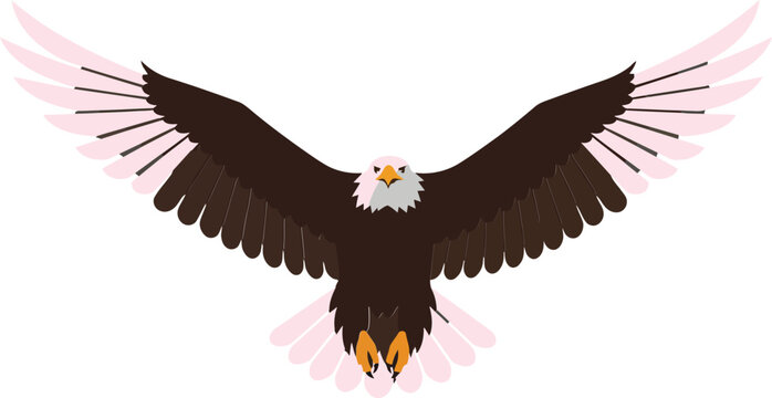 Majestic bald eagle soaring through a clear blue sky in a flat vector illustration showcasing its powerful wingspan and regal presence