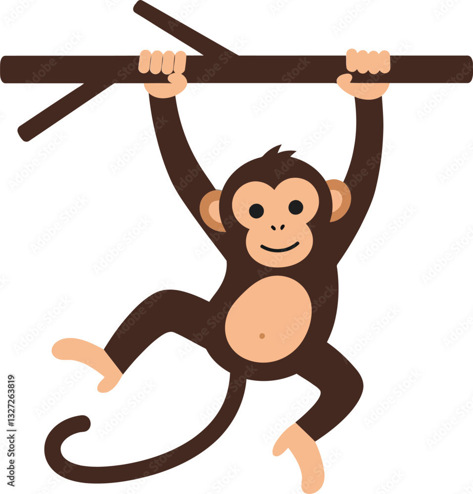Poster playful monkey swinging from a branch in a cheerful, minimal style, capturing a lively and fun atmos