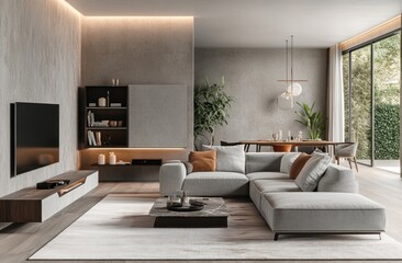 Modern living room with outdoor view, displaying a neutral color scheme and a spacious feel