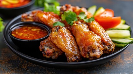 Fototapeta premium Deep fried chicken and beer Delicious chicken wings served with sauce and fresh vegetables.