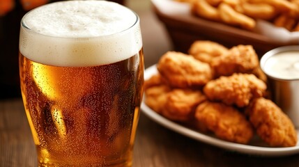 Deep fried chicken and beer Golden beer in a glass alongside crispy chicken wings and dipping sauce.