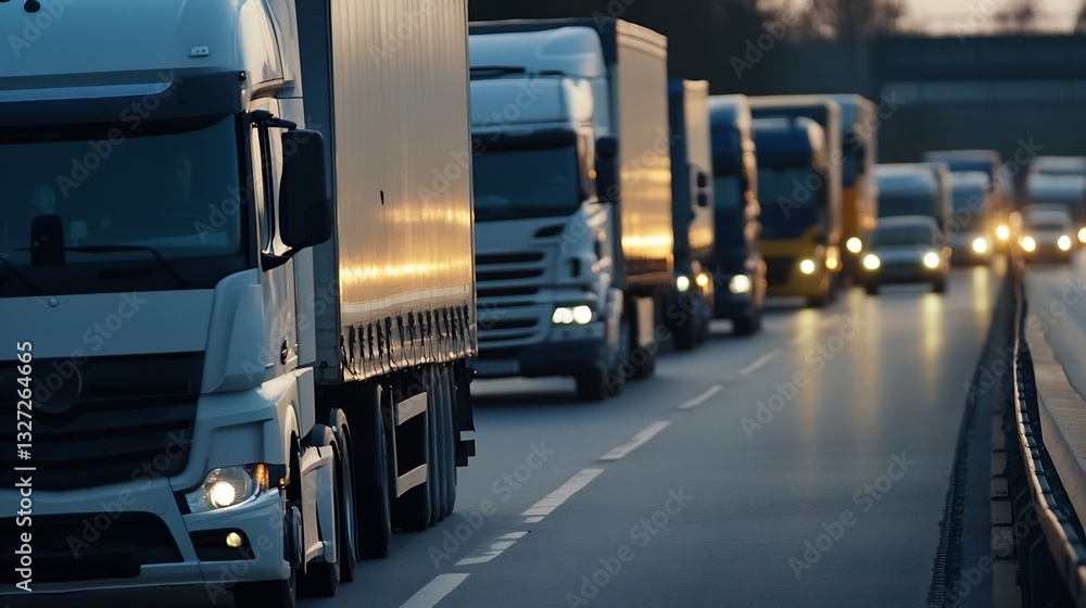 Poster trucks in motion on a highway at dusk illustrating transportation dynamics : generative ai