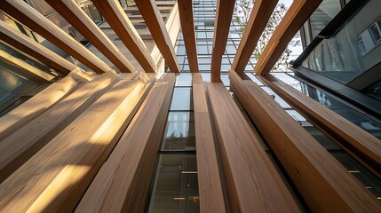 Obraz premium Contemporary architectural design featuring wooden beams and glass facades creating a harmonious workspace effect : Generative AI