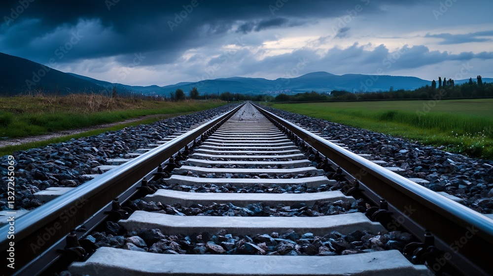 Poster train tracks leading into the distance beneath a dramatic cloudy sky : generative ai