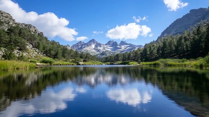 Breathtaking landscape view of serene lake reflecting mountains and clouds surrounded by lush greenery : Generative AI