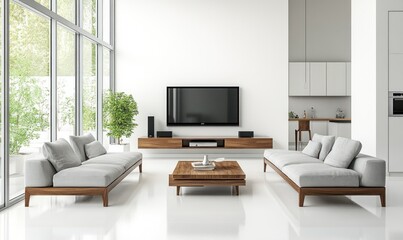 Modern living room with patio view, minimalist design, tv and kitchen