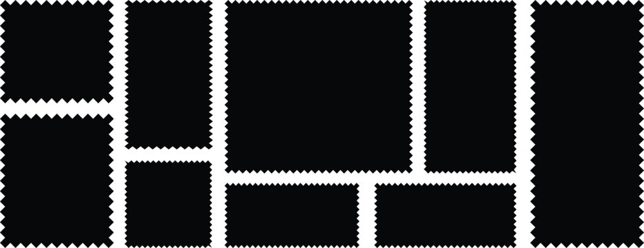 Postage stamp borders set vector. Wavy edge frame or shape. Set of frames in shape of squares and rectangles of various sizes with zigzag edge. Set of frames with zigzag edge, scallop edge shape
