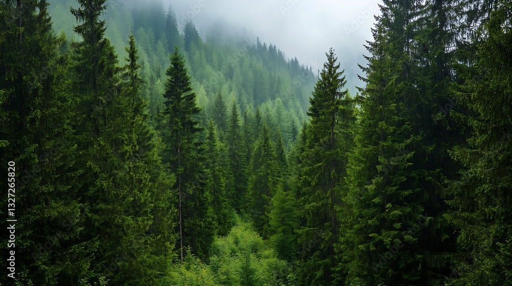 Poster lush green forest landscape with towering trees and misty mountains creating serene and peaceful atm