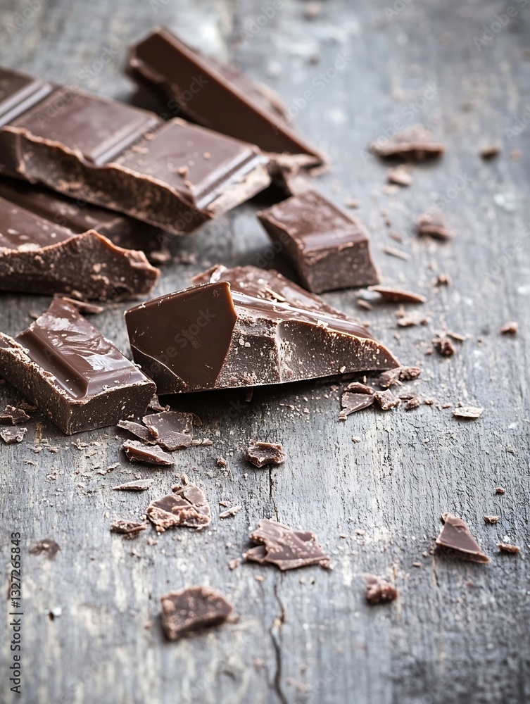 Poster close up of broken dark chocolate pieces on rustic wooden background showcasing rich texture and fla