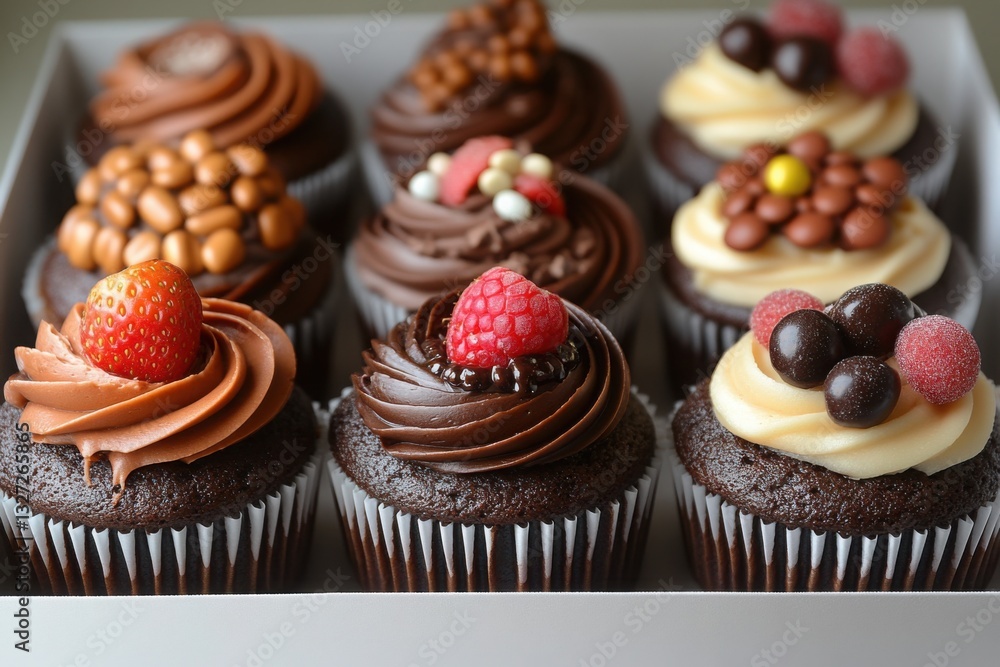 Poster assorted gourmet cupcakes with various toppings in a bakery box ready to be enjoyed