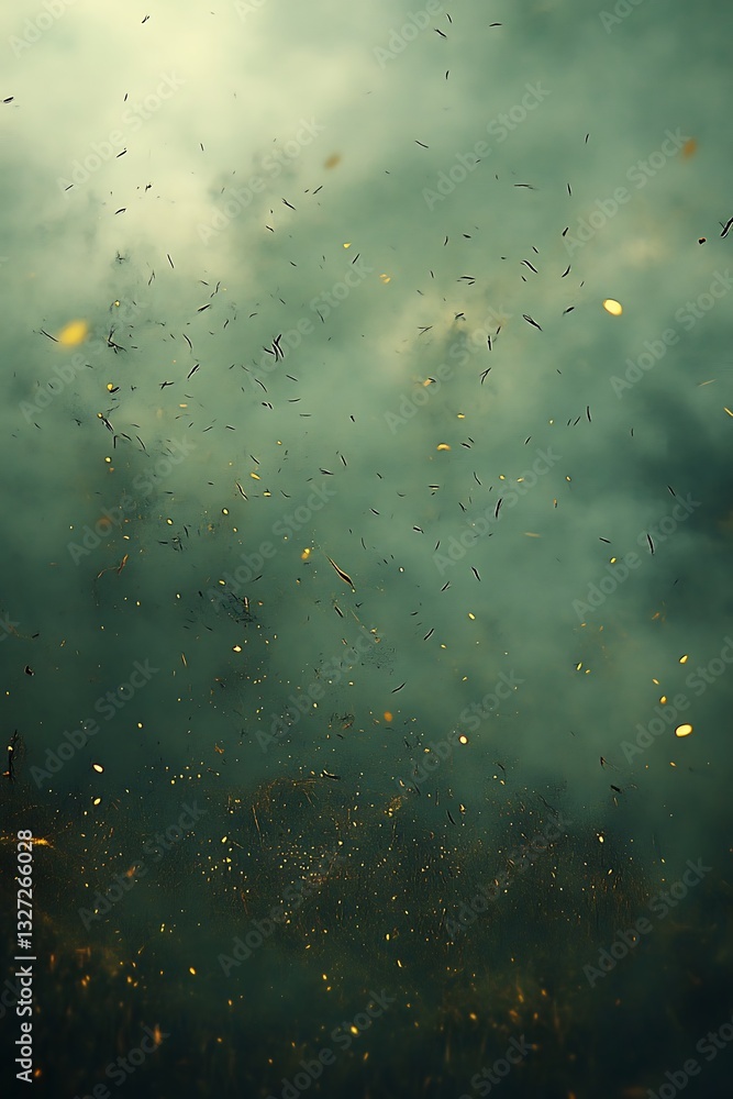 Poster abstract dark green background with dynamic small elements and particles