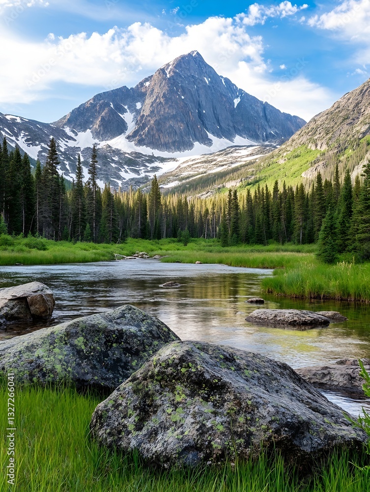 Poster scenic view of a river surrounded by majestic mountains and dense forest : generative ai