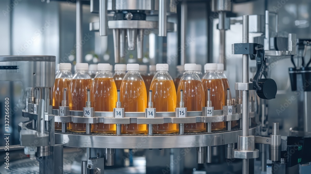 Poster automated bottling process: high-tech beverage production line