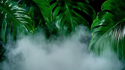Obraz premium Tropical leaves with fog in dark background.