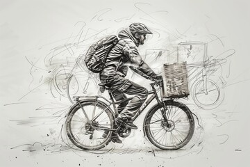 Obraz premium A cyclist delivers goods in a bustling urban environment, blending mobility and efficiency in daily life.