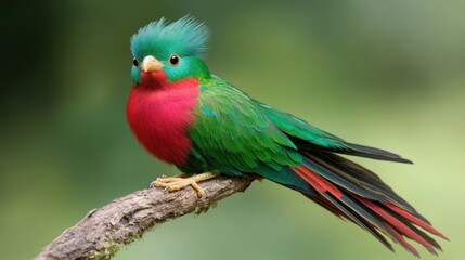 Fototapeta premium Colorful bird perched on branch in green backdrop