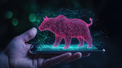 Augmented Reality Mobile Display: Abstract Boar Illustration on Smartphone with Polygonal Network