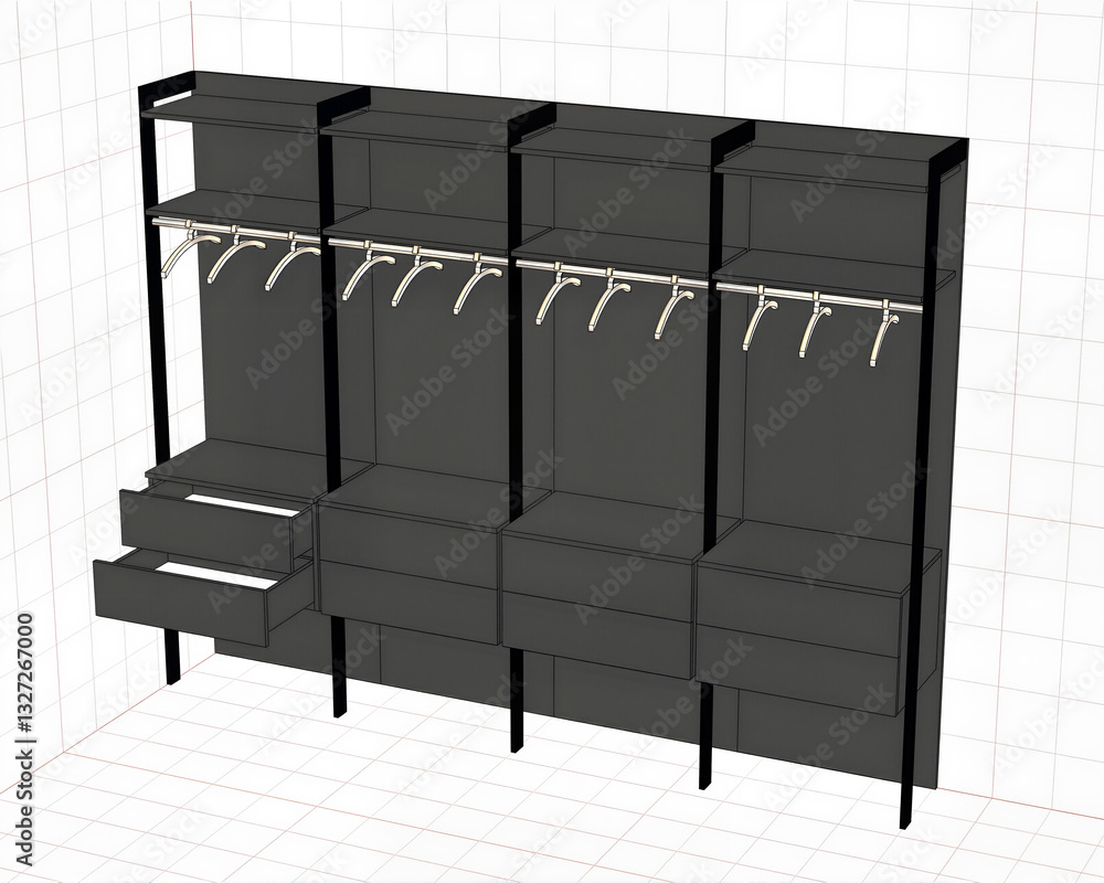 Poster the image shows a 3d model of a walk-in closet with drawers and shelves. it is a sketch of a cupboar