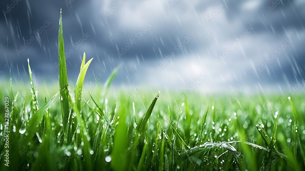 Aufkleber fresh grass soaking up rainwater under a dramatic stormy sky full of gray clouds : generative ai