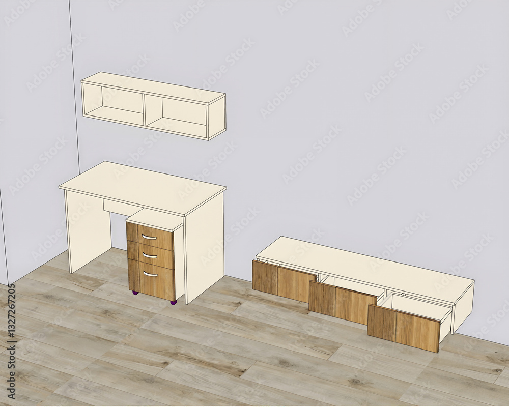 Poster the image shows a drawing of a desk with drawers and a shelf in a room. the desk is situated in the 