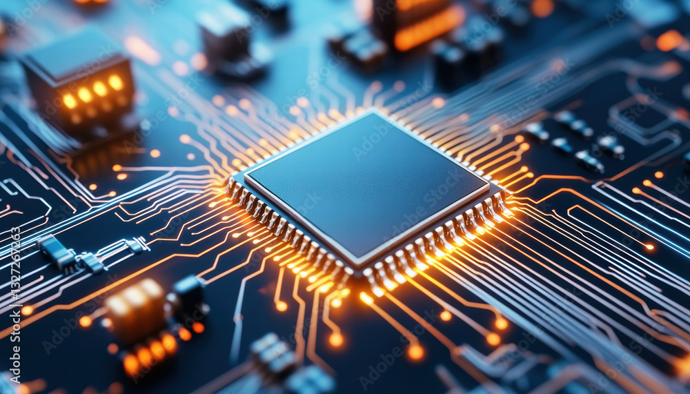 Poster close up of circuit board with glowing components and intricate details