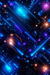Fototapeta premium Abstract digital circuit board design with neon lights and dark background