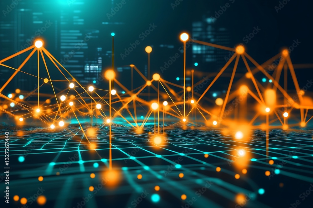 Poster abstract digital network with interconnected glowing nodes and lines