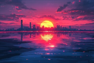Fototapeta premium A vibrant sunset illuminates a city skyline with water reflections