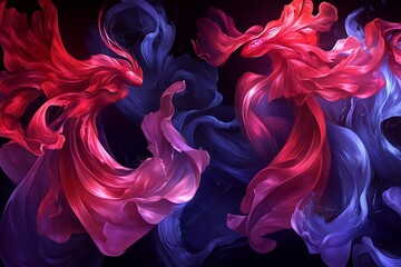 Obraz premium Abstract ethereal forms in a dance of red and blue hues, dark background