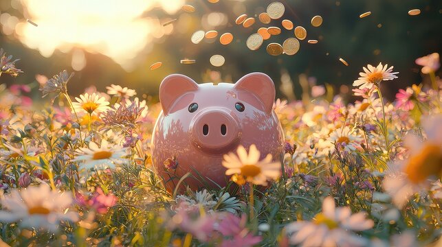 Piggy Bank in Blooming Meadow with Falling Coins Saving Money Financial Growth Springtime Savings Investment Concept