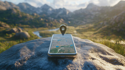 smartphone displaying map with location pin in scenic landscape